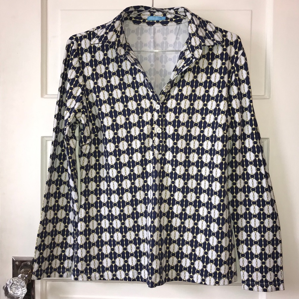J. McLaughlin Navy with Gold Chains Shirt S